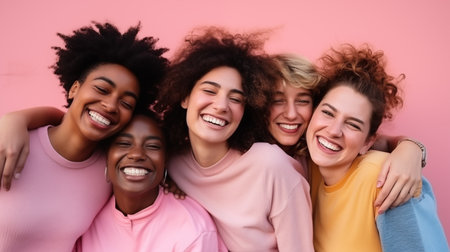 Group of young women with afro hairstyle laughing and looking at camera on pink backgroundの素材