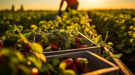 Pepper harvest on the field at sunset. Selective focus.の素材