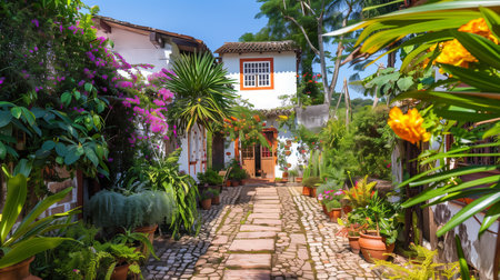 Beautiful house in the garden with flowers and plants in the foregroundの素材