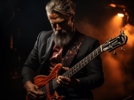 Portrait of a bearded man playing the electric guitar on a dark background.の素材