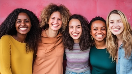 Group of diverse young women standing together and looking at camera with smilesの素材