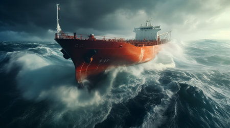 Cargo ship in stormy sea. 3d render illustration.の素材