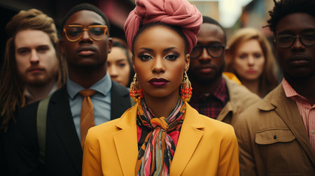 Stylish african american woman in yellow coat and headscarf posing with group of diverse people on background.の素材