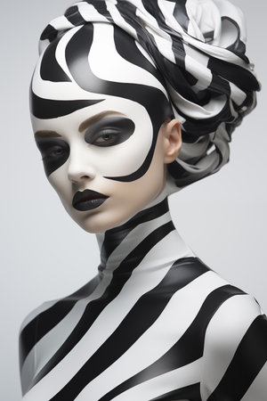 Fashion art portrait of a beautiful woman in black and white zebra maskの素材