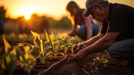 Farmers planting corn seedlings in the field at sunset time.の素材