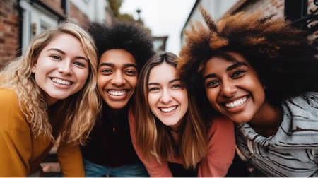Portrait of happy multiethnic women looking at camera and smilingの素材