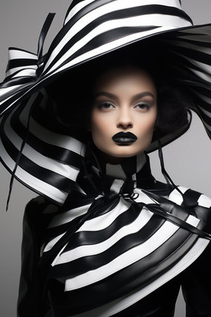 Fashion shot of a beautiful woman in black and white striped dress.の素材