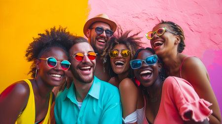 Portrait of happy multiethnic group of friends in sunglasses over pink backgroundの素材