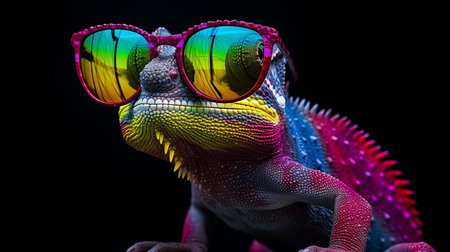 Portrait of a colorful chameleon wearing sunglasses on black backgroundの素材