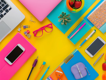 Top view of colorful office desk with laptop, smartphone, stationery and other items. Mock upの素材