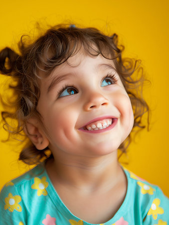 Portrait of a laughing little girl on a yellow background. Close-up.の素材