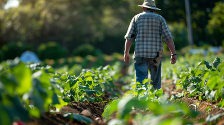 Farmer working in the field of vegetables. Selective focus.の素材