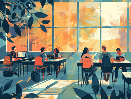 illustration of students sitting at the table in the classroom at school.の素材