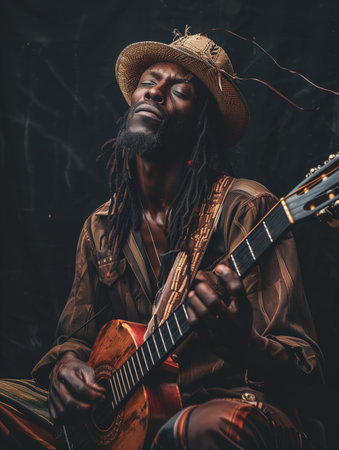African american man with afro dreadlocks playing the guitar.の素材