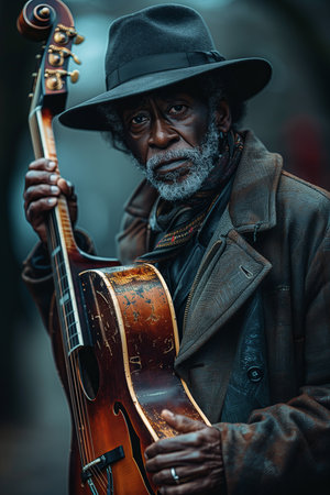 Portrait of an old man playing the guitar in the street.の素材