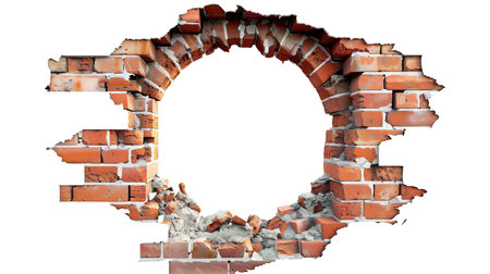 Broken brick wall with hole isolated on transparent background. 3d renderingの素材