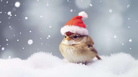 Little sparrow in Santa Claus hat sitting on snow. Christmas card.の素材