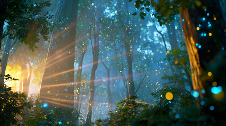 Foggy forest in the morning with light rays and lens flareの素材