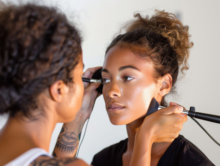 Makeup artist applying make up on African American woman face.の素材
