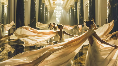 Beautiful bridesmaids in white dresses dancing in the hall,の素材