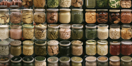 Jars with different kinds of pickled vegetables and spices in the market.の素材