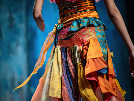 Close-up of a female dancer performing traditional dance on stage.の素材