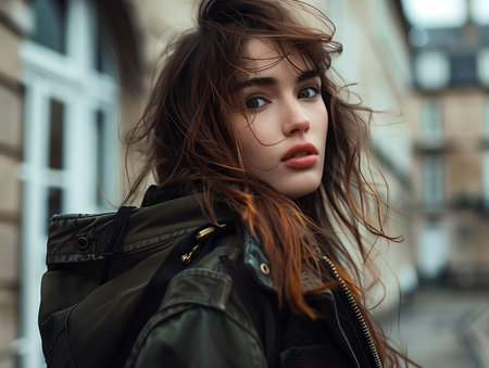 Portrait of a beautiful young brunette woman in the city.の素材