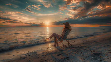 Beautiful woman relaxing on the beach at sunset.3d rendering.の素材