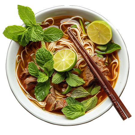 Bowl of Asian noodle soup with beef, lime and mint isolated on transparent background.の素材