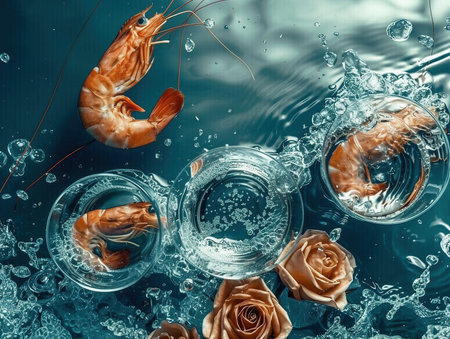 Shrimps and glass of water on blue background. Close-up.の素材