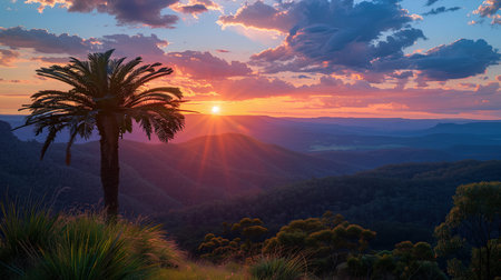 Sunset over the mountains with palm trees in the foreground,の素材