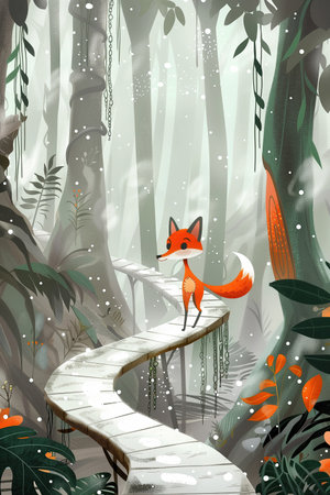 cartoon scene with happy fox in the forest - illustration for children.の素材