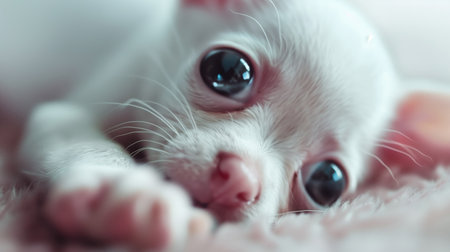 White chihuahua puppy with blue eyes lying on pink blanket.の素材