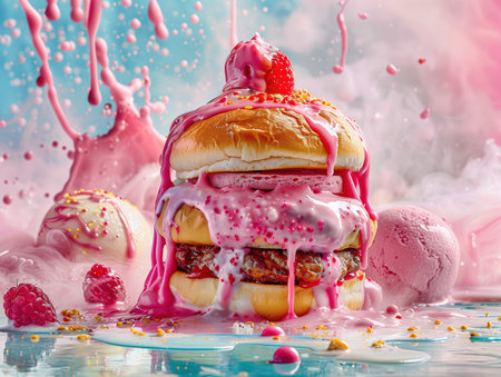Hamburgers with ice cream and splash of pink paint on a blue background.の素材
