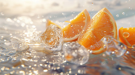 Falling ice cubes in water with orange slices on the background.の素材