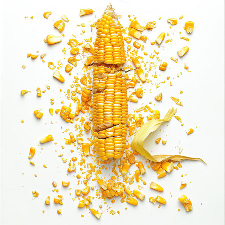 Crushed corn on white background. Flat lay, top view.の素材