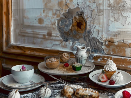 Cupcakes, meringues and cupcakes on a wooden table/の素材