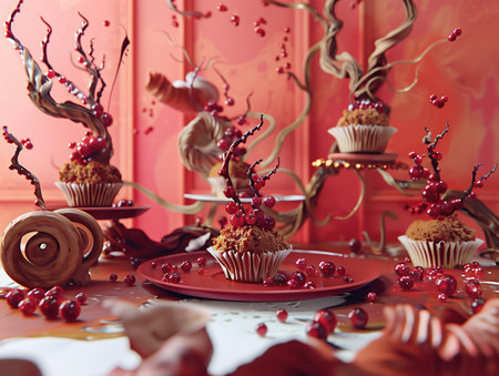 Chocolate cupcakes with berries on the table. Red background.の素材