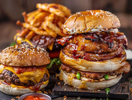 Homemade hamburgers with bacon, cheese and ketchup on wooden background/の素材