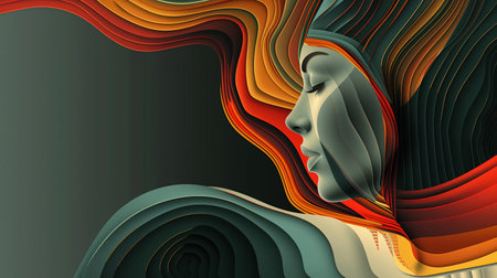 3d illustration of female face with abstract wavy lines on gradient background.の素材