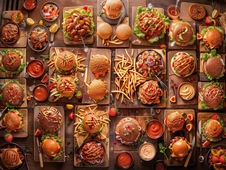 Top view of hamburgers and French fries on wooden table.の素材
