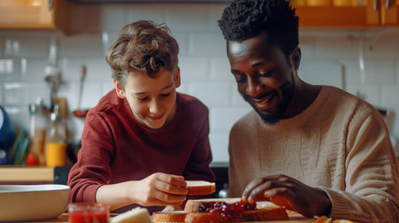 happy African American father and son having breakfast in kitchen at home.の素材