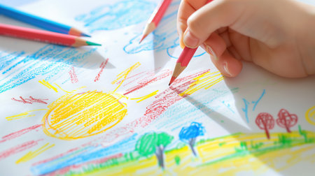 Close-up image of child's hand drawing with color pencils.の素材