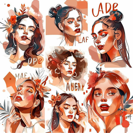 set of fashion portraits of young women with different hairstyle.の素材