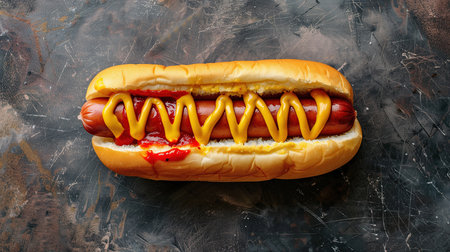Tasty hot dog with mustard and ketchup on rustic background.の素材