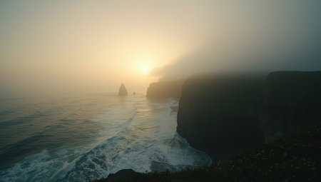 Dramatic coastal cliffs with misty sunrise lightの素材