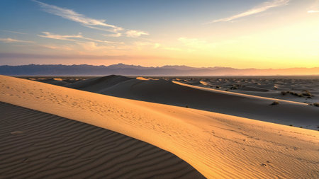 Golden sand dunes under dramatic sunset lightの素材