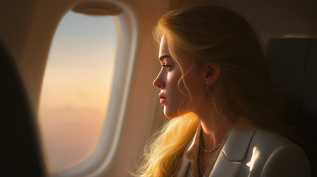 Woman gazing thoughtfully out airplane windowの素材