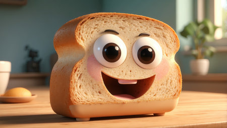 Happy cartoon bread character with big eyesの素材