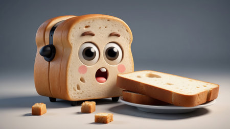 Smiling cartoon bread character wearing headphonesの素材